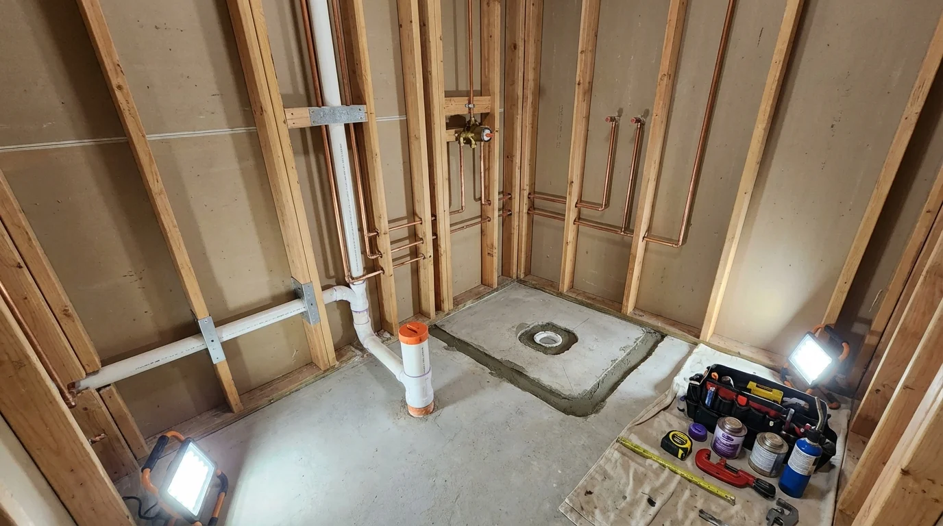 Bathroom rough-in plumbing during remodel by Johns Plumbing LLC in Splendora