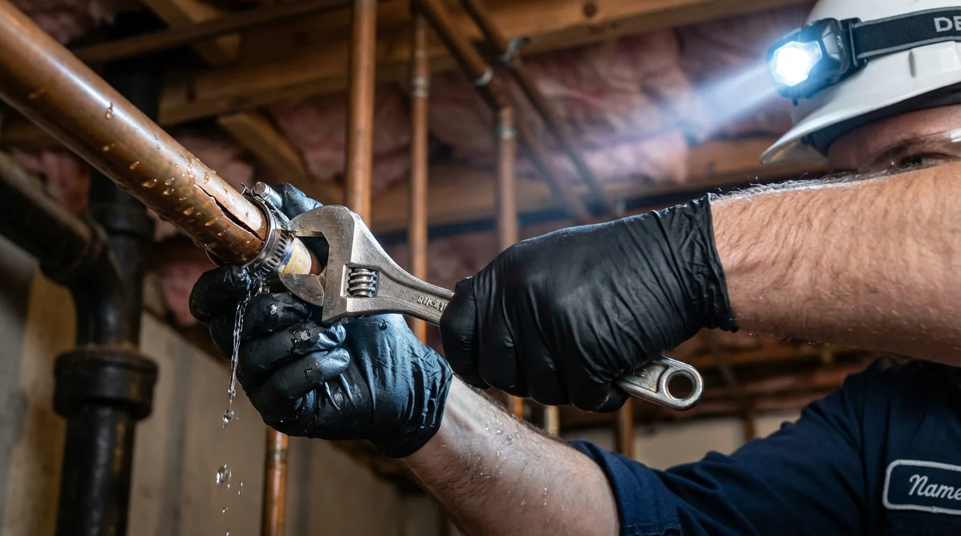 Emergency pipe clamp repair being performed by a Johns Plumbing LLC plumber in Splendora
