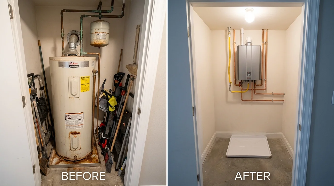 Tank water heater versus wall-mounted tankless unit comparison for Splendora, TX homeowners