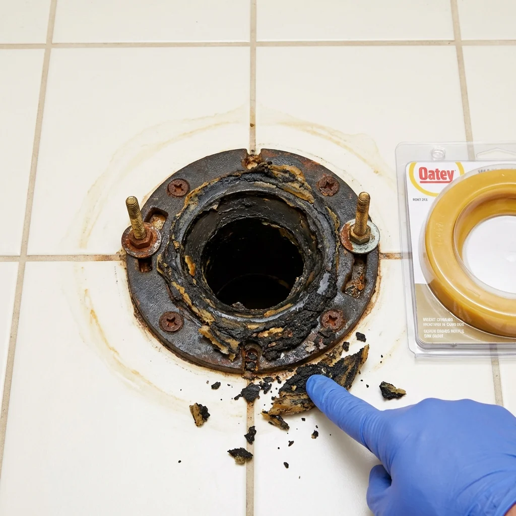 Failed wax ring showing water seepage at the base of a toilet in a Splendora, TX home