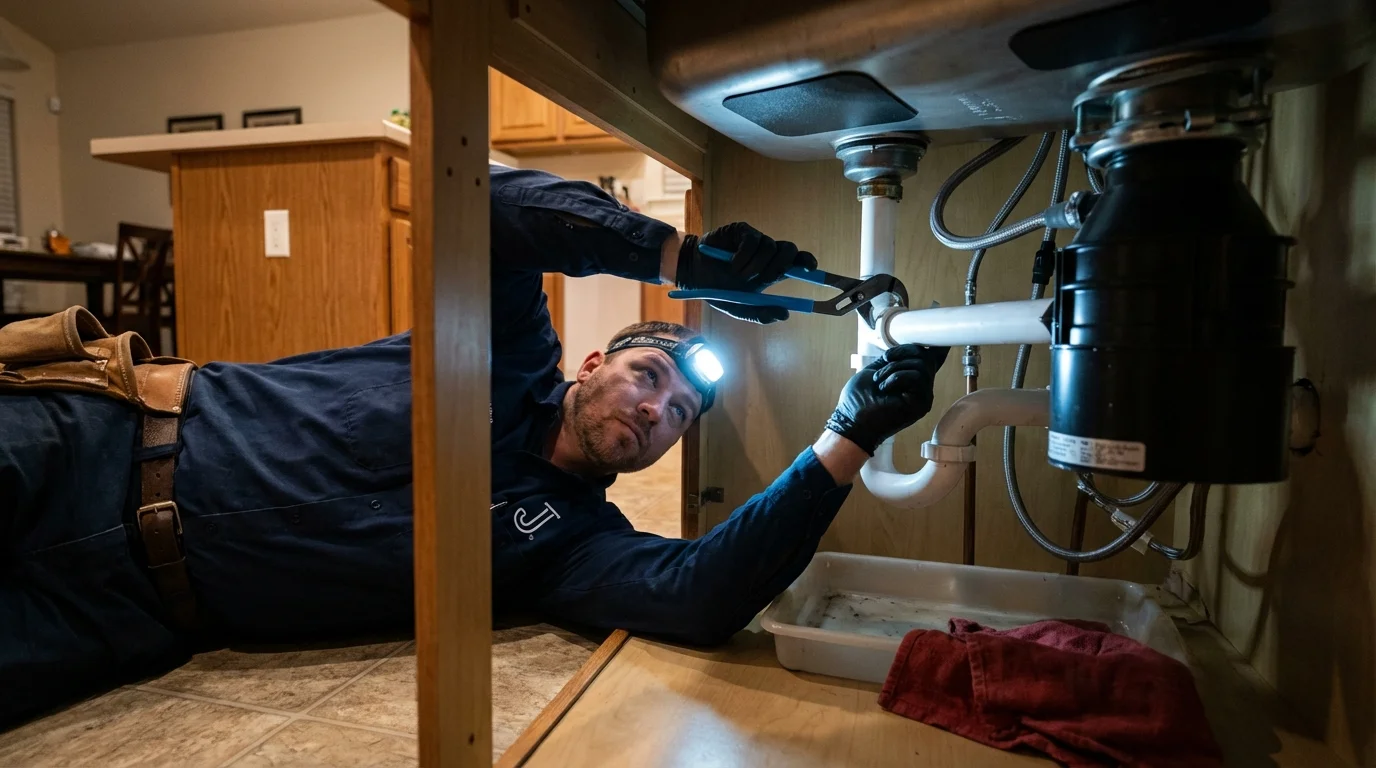 P-trap and supply line connections under a kitchen sink showing a common leak point in Splendora, TX